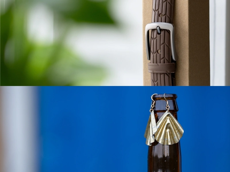 Worn bicycle tires and bottle caps turned into belts and earrings by Vuigmakers | Waste Alchemists