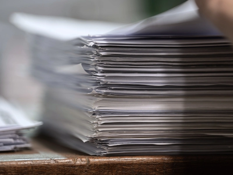 Stacks of single-sided printed paper and old posters collected by GreenSide | Waste Alchemists