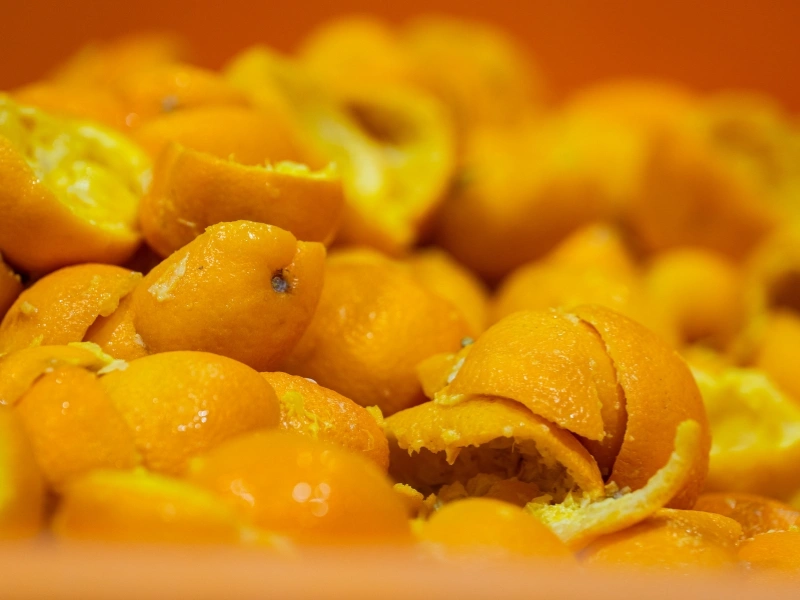Orange peel waste next to the oils, orange cubes and citrus fibre created from it by Peel Pioneers | Waste Alchemists