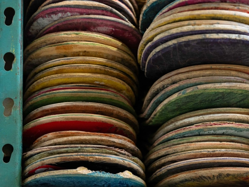 Broken skateboard decks transformed into finished Skateriors interior products.