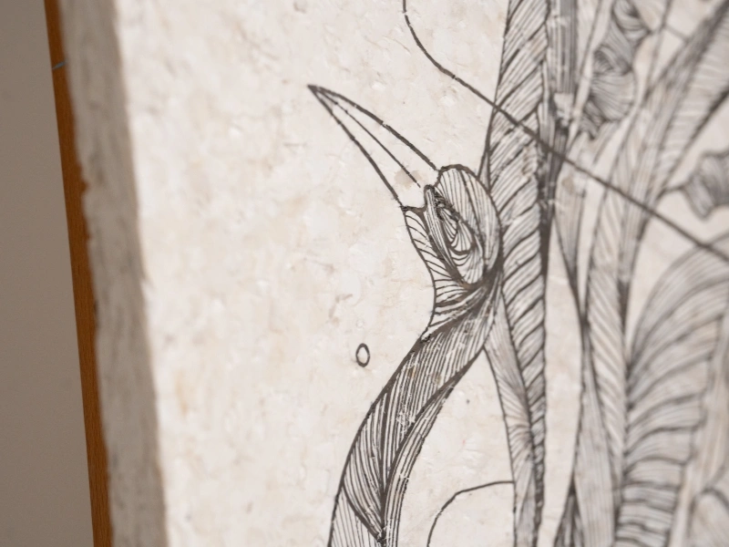 Fine line artwork painted on recycled plastic canvases by Studio Tosca | Waste Alchemists