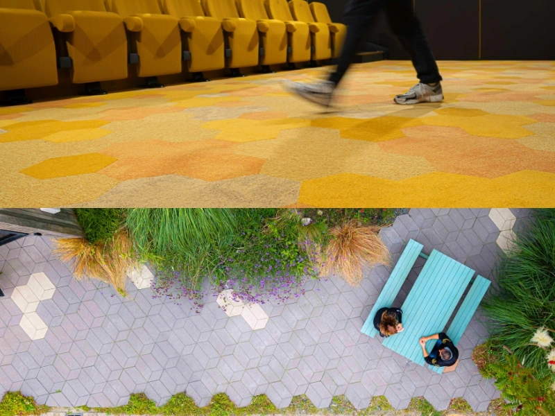 Carpet tile and concrete waste before upcycling and after becoming Studio Wae products