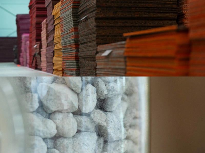 Carpet tile and concrete waste before upcycling and after becoming Studio Wae products