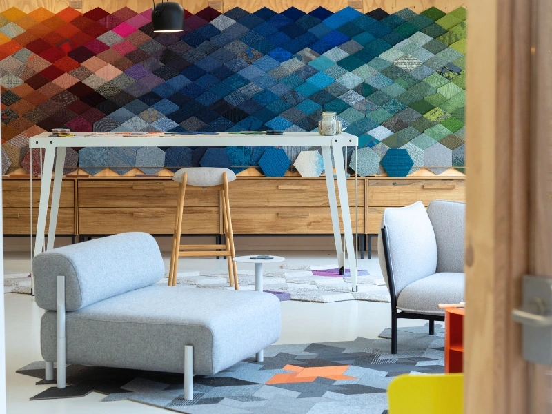 Studio Wae’s circular showroom displaying products made from reclaimed carpet and concrete plus other creations from their other circular makers