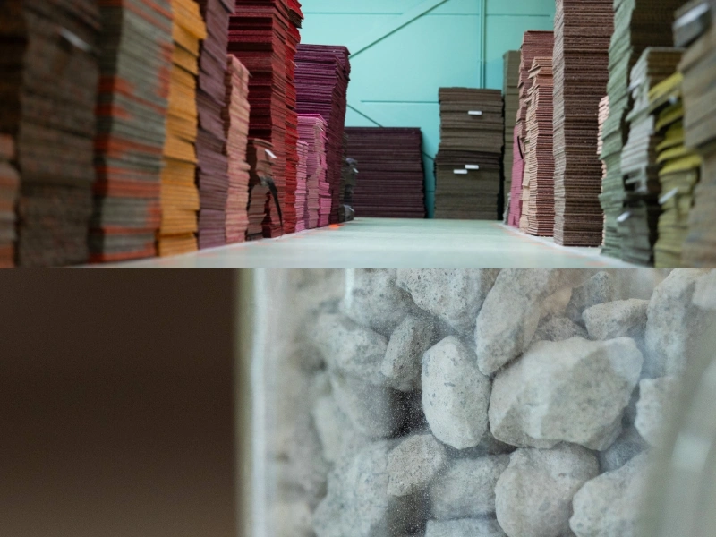 Discarded carpet tiles and broken concrete pieces used as raw material by Studio Wae