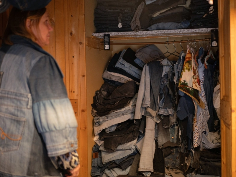 A closet opened by Irma from Outfits filled with rescued denim | Waste Alchemists